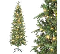 HOMCOM Sapin de Noël Artificiel 180 cm Arbre de Noël Slim 200 Lumières Vert | Blanches Chaudes, 8 Modes d'Éclairage, 605 Pointes de Branche Articulée, Support en Métal, Plastique Ignifuge