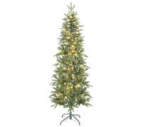 HOMCOM Sapin de Noël Artificiel 180 cm, Arbre de Noël Slim avec 200 lumières Blanches Chaudes, 8 Modes d'éclairage, 605 Pointes de Branche articulée, Support en métal, Plastique Ignifuge, Vert