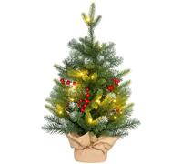 HOMCOM Sapin de Noël Artificiel 60 cm Mini Arbre de Noël de Table Ornements décoration de Noël avec lumière LED, 141 Pointes, Pommes de pin et Baies Rouges, Base en béton, Vert