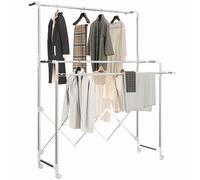 HOMCOM Séchoir à Linge Pliable étendoir Linge intérieur à 3 Barres réglables et 4 roulettes seche Linge etendoir en Acier Inoxydable 104-150 x 103 x 145-197 cm Argent