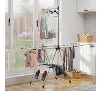 HOMCOM Séchoir Vertical Pliable avec Ailes Ajustables 4 Supports pour Chaussures Barre et Etagère 139x62,5x201 cm Argent