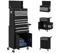 HOMCOM Servante d'atelier avec mallette à 9 compartiments, servante à outils vide verrouillable avec poignée, étagère à outils en acier avec roulettes, poignée noire