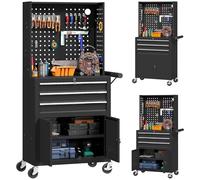 HOMCOM Servante d'atelier en acier à 3 tiroirs, chariot à outils sur roulettes verrouillable avec étagère réglable, panneau perforé, caisse à outils pour atelier, garage, noir