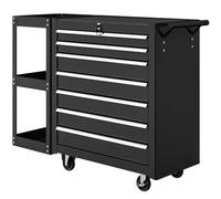 HOMCOM Servante d'Atelier en Acier à 7 Tiroirs Verrouillable 2 Clés Noir | Chariot à Outils sur Roulettes, Étagère Latérale Amovible, Tapis EVA de Protection, Caisse à Outils, Atelier, Garage
