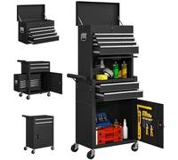 HOMCOM Servante d'atelier en acier verrouillable, chariot à outils sur roulettes 3 en 1 avec 6 tiroirs, placard et panneau perforé, tapis EVA, caisse à outils pour atelier, garage, noir