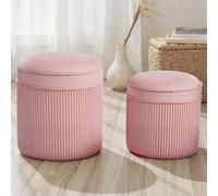 HOMCOM Set 2 Poufs Repose-Pieds Ronds Empilables et Rembourrés avec Revêtement en Velours, Coffre de 34,8 L, Rose