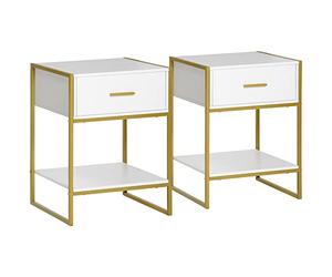 HOMCOM Set de 2 Tables de Nuit Modernes, 2 Tables de Nuit pour Chambre et Salon, avec tiroir et étagère Ouverte, Design Moderne, MDF et Acier, 45x40x60cm, Blanc et Or