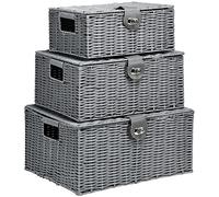 HOMCOM Set de 3 paniers en osier PP avec couvercle, récipients rectangulaires de différentes tailles, gris