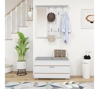 HOMCOM Set Meubles d'Entrée avec Porte-Manteau, Miroir, Banc avec Coussins et Meuble à Chaussures pour 8 Paires de Chaussures, Blanc