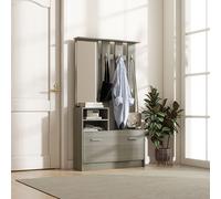 HOMCOM Set Mobilier d'Entrée avec Porte-Manteau, Miroir, Banc avec Étagère et Meuble à Chaussures pour 8 Paires de Chaussures, Gris