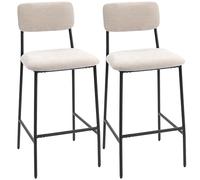 HOMCOM Set of 2 Bar Stools, Chenille High Kitchen Stools with High Backrest, Footrest and Thick Soft Seat, Steel Frame, High Bar Chairs, for Peninsula, Dining Room, Counter, Cream