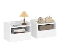 HOMCOM Set of 2 Floating Bedside Tables with Charging Station, Bedroom Bedside Tables, Drawer, Open Shelf, Wall Mounted, Modern Style, for Living Room, 40x29x29 cm, White