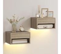 HOMCOM Set of 2 Floating Bedside Tables with RGB LED Lights APP Control, Bedroom Bedside Tables with Drawer, Open Shelf, for Living Room, 37x32x21 cm, Natural