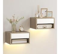 HOMCOM Set of 2 Floating Bedside Tables with RGB LED Lights APP Control, Bedroom Bedside Tables with Drawer, Open Shelf, for Living Room, 37x32x21 cm, Natural & White