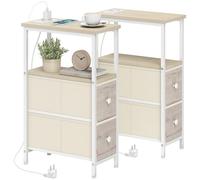 HOMCOM Set of 2 Side Tables with Plug, Narrow Side Tables with AC Socket, USB Port, USB-C Port, 2 Cloth Drawers, Open Shelf, for Living Room, Bedroom, Natural (en Anglais)