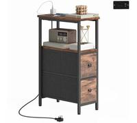 HOMCOM Side Table with Charging Station, Narrow Bedside Table with 2 Fabric Drawers, Open Shelf, AC Outlet and 2 USB Ports for Living Room, Bedroom, Small Spaces, Rustic Brown (Table d'appoint avec