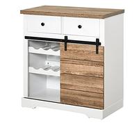 HOMCOM Sideboard Kitchen Cabinet Kitchen Sideboard 6-Bottle Chamber with Sliding Barn Door and 2 Drawers Rustic Style for Living Room Dining Room 80x39x86 cm White & Natural
