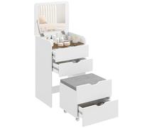HOMCOM Station de Maquillage 3-en-1 avec Miroir Pliant, Tabouret de vanité, Station de Maquillage avec Tabouret à roulettes rembourré, 3 tiroirs, Dessus en Verre Transparent, Rangement, Gain de