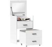 HOMCOM Station de Maquillage avec Miroir Pliant, Tabouret à roulettes et 2 tiroirs, Table de Toilette et Tabouret en MDF avec Coussin Amovible et Lavable en Tissu Velours, Blanc