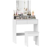 HOMCOM Station de Maquillage avec Tabouret, Table de Maquillage avec Miroir, 3 étagères, 2 tiroirs, Table de Maquillage Moderne en Bois pour la Chambre, 75x38x135 cm, Blanc