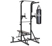 HOMCOM Station de musculation Fitness entrainement complet - barre de traction, à dips, banc de musculation pliable, poignées push-up, sac de frappe - acier noir
