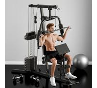Station de musculation - entrainement complet - développé couché, butterfly, barre latissimus, curler, bande résistance - 9 contrepoids - acier noir Noir G