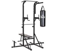 HOMCOM Station de musculation Fitness entrainement complet - barre de traction, à dips, banc de musculation pliable, poignées push-up, sac de frappe - acier noir