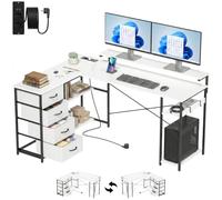 HOMCOM Support de bureau réversible en forme de L - 155 x 112 cm - Blanc | Station de charge, 4 tiroirs en tissu, 2 crochets, table d'angle en forme de L pour bureau à domicile