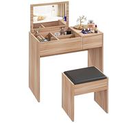 HOMCOM Support de Maquillage avec Tabouret Table de Maquillage avec Miroir, Couvercle Rabattable et boîtes de Rangement 80x40x79 cm et 40x30x44 cm Naturel