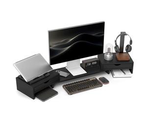 HOMCOM Support de moniteur double avec 2 tiroirs, longueur et angle réglables, 116 cm pour ordinateur portable, ordinateur, PC, petite imprimante, noir