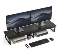 HOMCOM Support d'écran de bureau jusqu'à 20 kg 114x30x16,5 cm Noir | Support d'écran en bois, 2 compartiments de rangement, pour ordinateur portable et PC