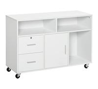 HOMCOM Support d'imprimante à 2 tiroirs, Meuble de Rangement sur roulettes, Caisson de Bureau avec étagères Ouvertes et Placard, 100 x 35 x 65 cm, Blanc