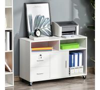 HOMCOM Support d'imprimante à 2 tiroirs meuble de rangement sur roulettes étagères ouvertes et placard, 100 x 35 x 65 cm, blanc