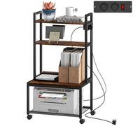 HOMCOM Support d'imprimante à 4 Niveaux avec Prises de Courant, Meuble imprimante avec roulettes et étagères de Rangement, Cadre en métal, pour Bureau à Domicile et Salon, Brun Rustique