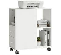 HOMCOM Support d'imprimante, Meuble de Rangement sur roulettes, Caisson de Bureau avec tiroirs, étagère réglable et Compartiment Ouvert, 60 x 30 x 65 cm, Blanc