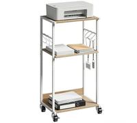 HOMCOM Support pour imprimante à 3 niveaux avec roues, meuble pour imprimante avec crochets et cadre métallique, étagère multifonction pour bureau, maison, école, bois naturel