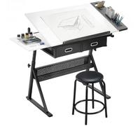 HOMCOM Table à Dessin avec Tabouret, 2 Tiroirs, Hauteur Réglable, Blanc | Plateau Inclinable 0° à 60°, Bureau pour Dessinateur, Architecte, Peintre, Ingénieur