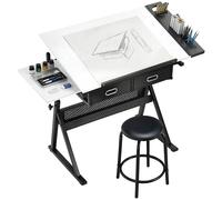HOMCOM Table à dessin avec tabouret et 2 tiroirs, hauteur réglable, plateau inclinable 0° à 60°, 120 x 60 x 68-92 cm, blanc