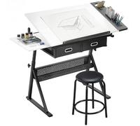 HOMCOM Table à Dessin avec Tabouret et 2 tiroirs, Hauteur réglable, Plateau inclinable 0° à 60°, Bureau pour dessinateur architecte Peintre ingénieur, Blanc