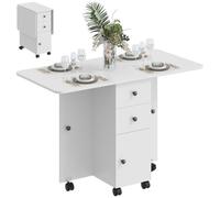 HOMCOM Table à Manger Pliante avec roulettes, tiroirs de Rangement et Placard, Table de Cuisine Rabattable pour Salle à Manger, Salon, Cuisine, Blanc
