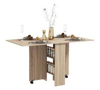 HOMCOM Table à Manger Pliante Mobile sur roulettes avec 2 Plateaux rabattables et 2 étagères intégrées - 140 x 80 x 74 cm Naturel