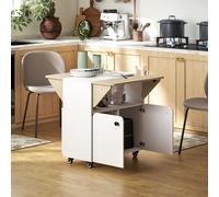 HOMCOM Table à Manger Pliante sur Roulettes, deux côtés de table pliables, Compartiment de rangement, 4 roulettes, Blanc+Bois naturel, 70 x 83 x 75cm