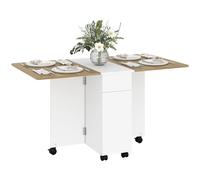HOMCOM Table à manger pliante sur roulettes, table de cuisine pour 6 personnes avec 2 abattants, 2 tiroirs et 2 placards, pour petits espaces, 140 x 76 x 74 cm, blanc et bois naturel