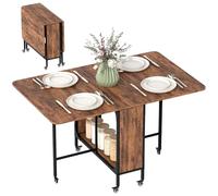 HomCom Table pliante 6 pers – 2 abattants, 6 roulettes, étagère – métal noir effet bois vieilli