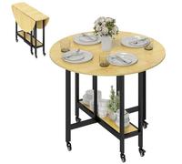 HOMCOM Table à Manger Pliante sur roulettes, Table de Cuisine Ronde pour 4 Personnes avec 2 abattants et étagère inférieure, pour Petits espaces, Salle à Manger, 100 x 100 x 75 cm, chêne