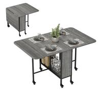 Table pliable 6 personnes - Table à rabat mobile 6 roulettes - étagère centrale - métal noir effet bois gris Gris