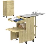 HOMCOM Table à repasser pliable avec roulettes et porte-fer, meuble à repasser multifonction avec étagères, compartiment ouvert, pour buanderie, salle de bain, 154 x 55 x 87 cm, couleur bois