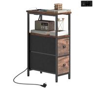 HOMCOM Table basse d'appoint avec station de charge, cadre en acier, étroite, avec 2 tiroirs en tissu, compartiment ouvert, prise de courant, ports USB et USB-C pour chambre à coucher, petit espace