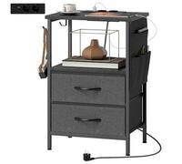 HOMCOM Table basse d'appoint avec station de charge, cadre en acier, fine table de salon avec ports USB-C, 2 tiroirs en tissu, crochets, sac de rangement, table basse pour salon, noire