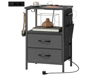 HOMCOM Table basse d'appoint avec station de charge, cadre en acier, fine table de salon avec ports USB-C, 2 tiroirs en tissu, crochets, sac de rangement, table basse pour salon, noire